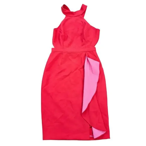 Cut Out Halter Dress BCBGMaxAzria Maryssa Size 10 Red/Orange Pink Stretch Ruffle - Picture 11 of 11